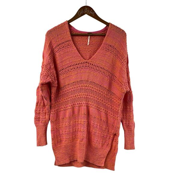 Free People Sweater Tunic Pink Orange Knitted V Neck Oversized XS - Picture 1 of 7